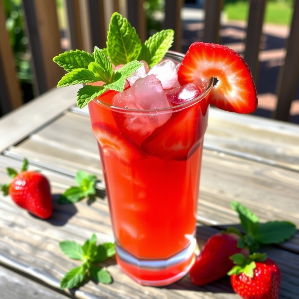 Refreshing Strawberry Mint Julep Recipe Strawberry Mint Julep in a glass with crushed ice, garnished with mint and strawberries, on a sunny outdoor table.
